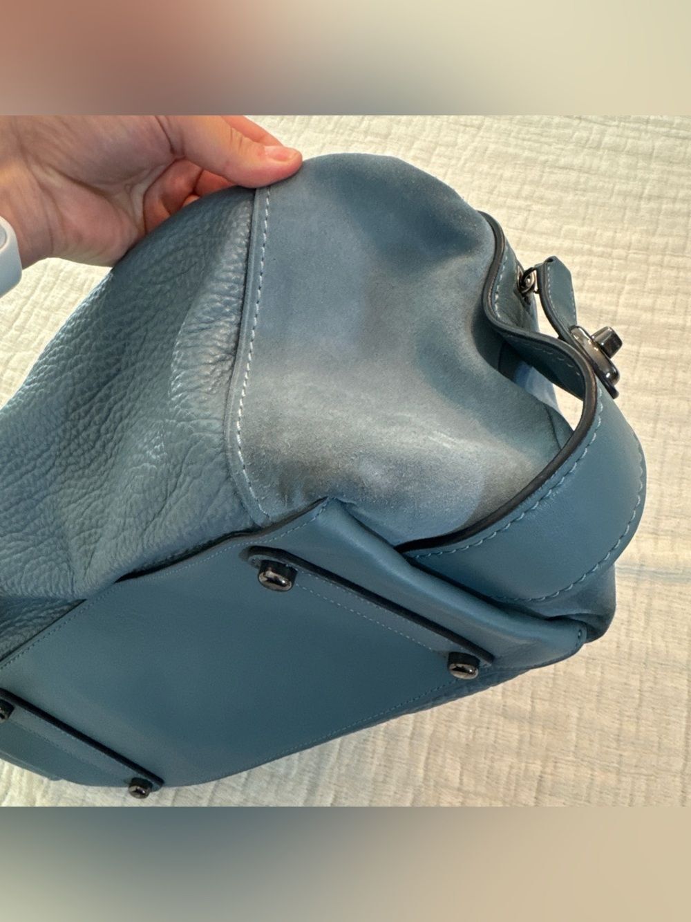 Coach Edie 42 Buffalo-Embossed Mixed Leathers Blue Large Shoulder Bag - Picture 11 of 16